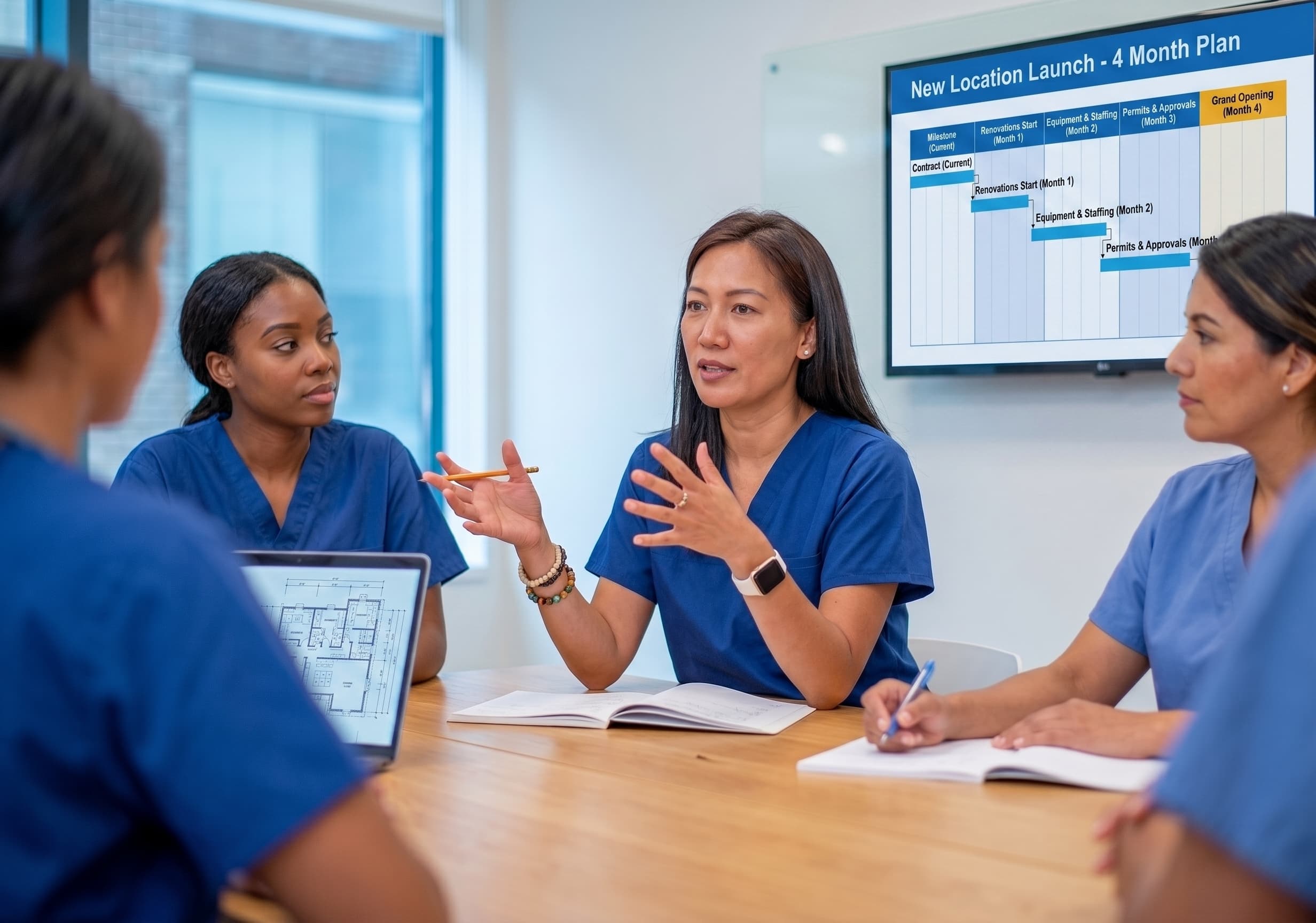 Dental practice team in scrubs reviewing a new location launch timeline and floor plan during a multi-location planning meeting