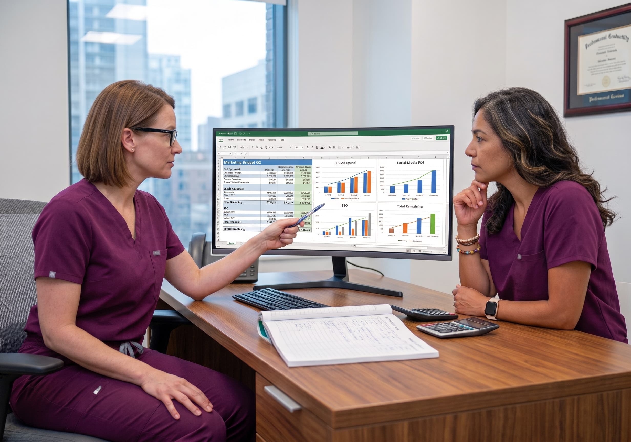 Practice owners in scrubs reviewing a marketing budget scorecard with PPC, SEO, and social media performance charts