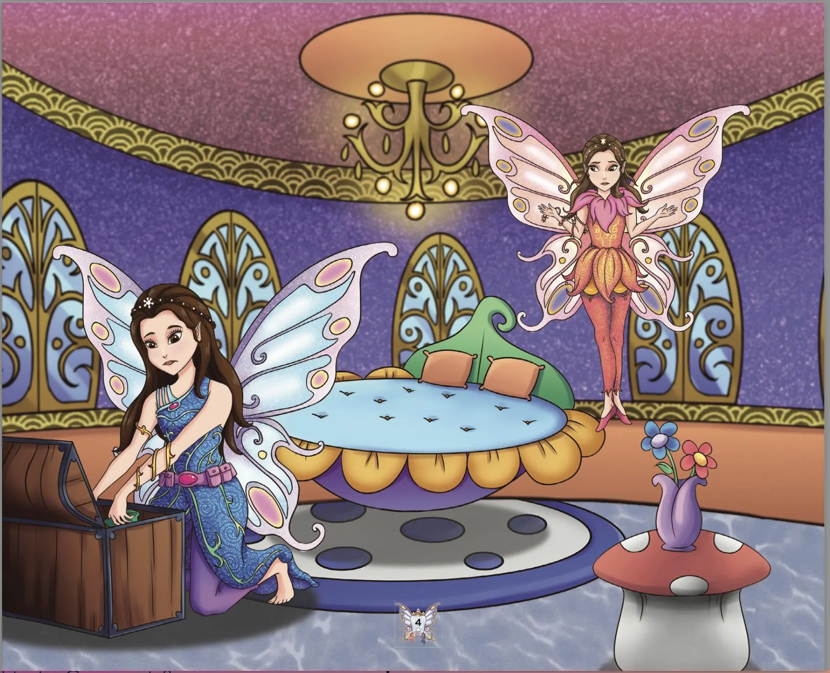 Interior illustration from The Adventures of the Tooth Fairy children's book, showing two fairies in an ornate bedroom