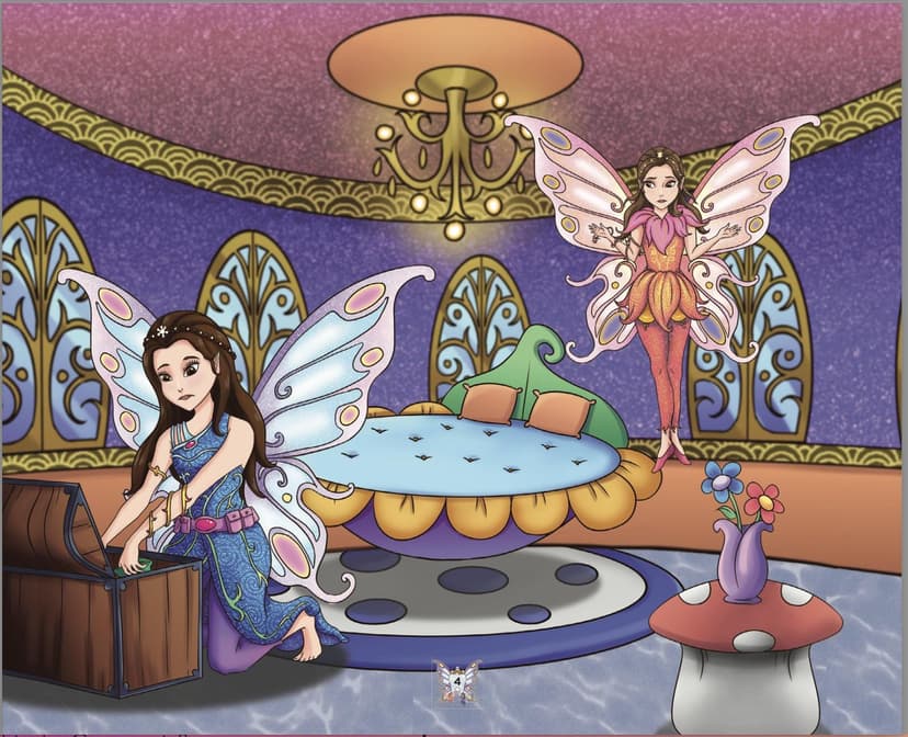 Interior illustration from the Adventures of the Tooth Fairy children's book, showing two fairies in an ornate bedroom