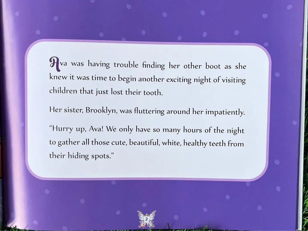 Story page from The Adventures of the Tooth Fairy children's book introducing fairy sisters Ava and Brooklyn