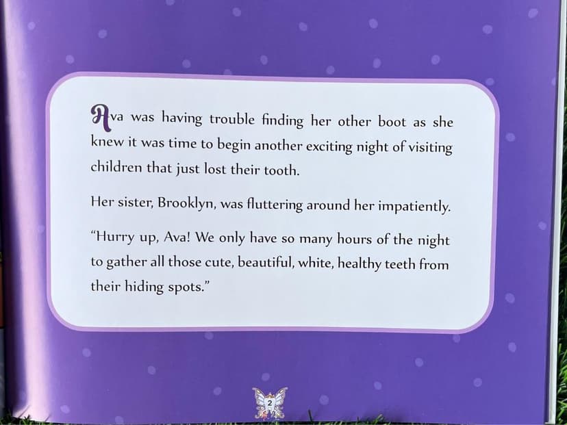 Story page from the Adventures of the Tooth Fairy children's book introducing fairy sisters Ava and Brooklyn